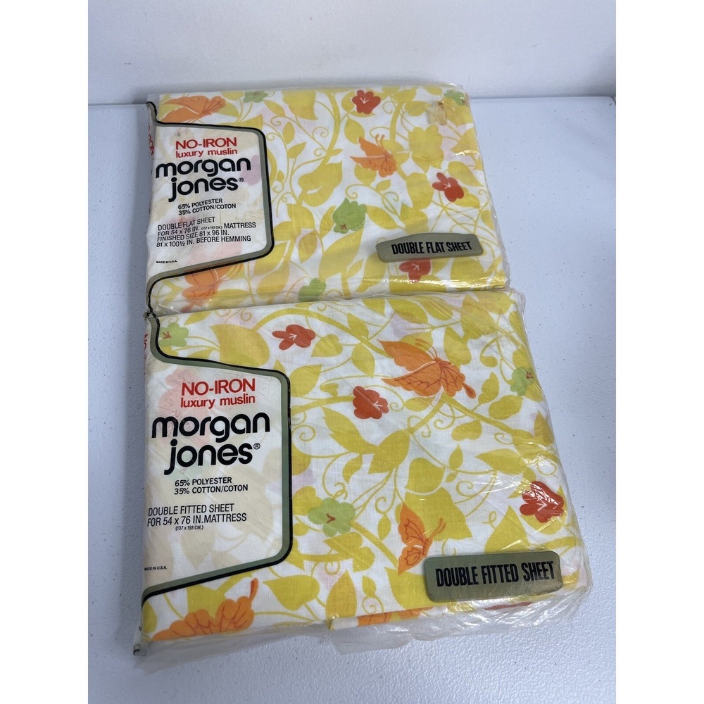 Vtg Morgan Jones Full‎ Flat And Fitted Sheet Set Yellow Floral With Butterflys